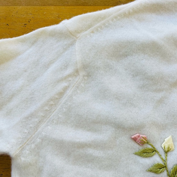 Original 50s Vintage Angora Lambswool Cardigan Sweater Large Flower Embellished - Picture 5 of 11